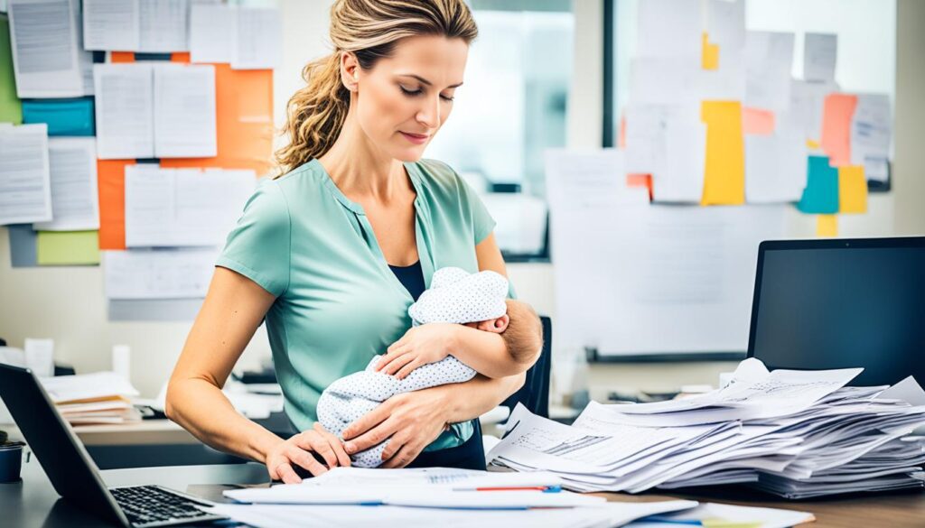 mulher no trabalho com o bebê nos braços