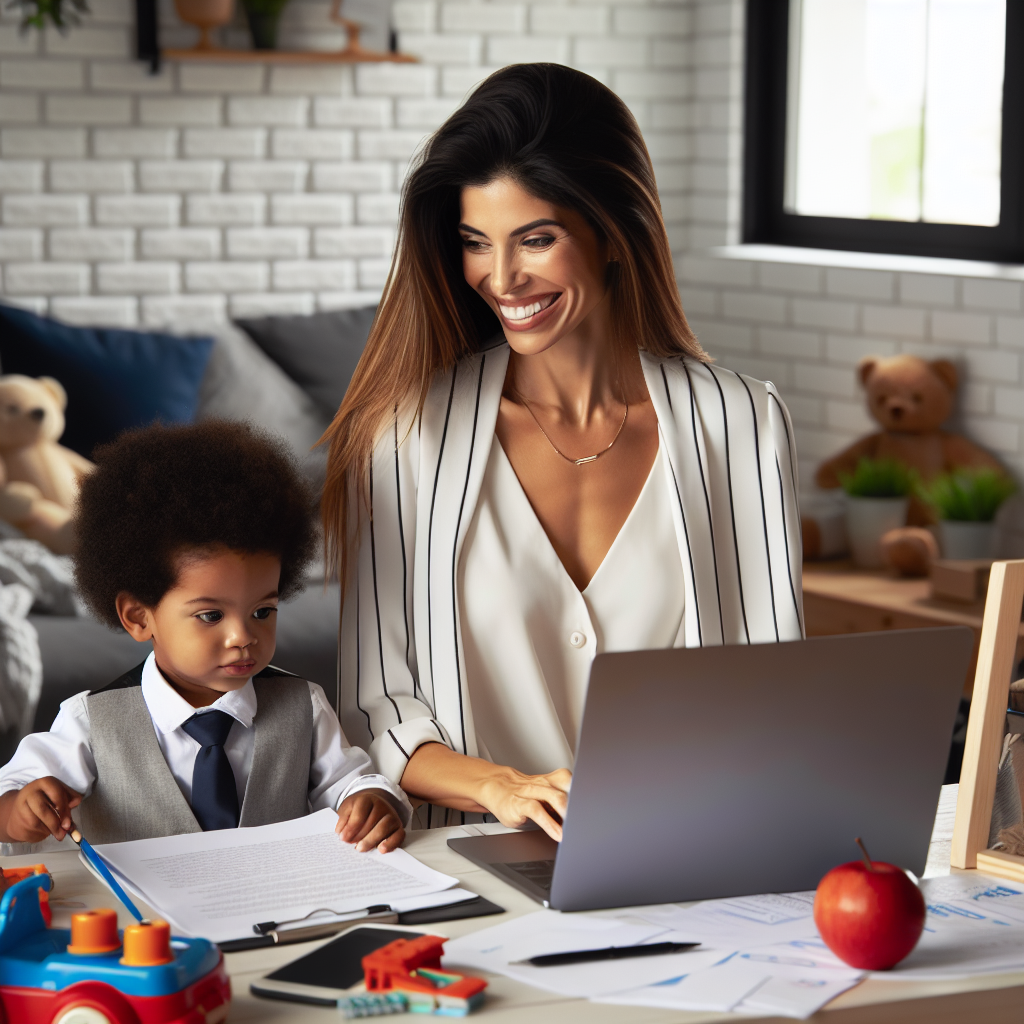 Uma mulher moderna, vestindo roupas de trabalho elegantes, está sentada em um escritório caseiro bem iluminado e organizado. Ela está trabalhando em um laptop com documentos ao seu redor, enquanto interage alegremente com seu filho pequeno, que está brincando com brinquedos educativos ao seu lado. A cena exibe um equilíbrio harmonioso entre trabalho e cuidado materno, com uma