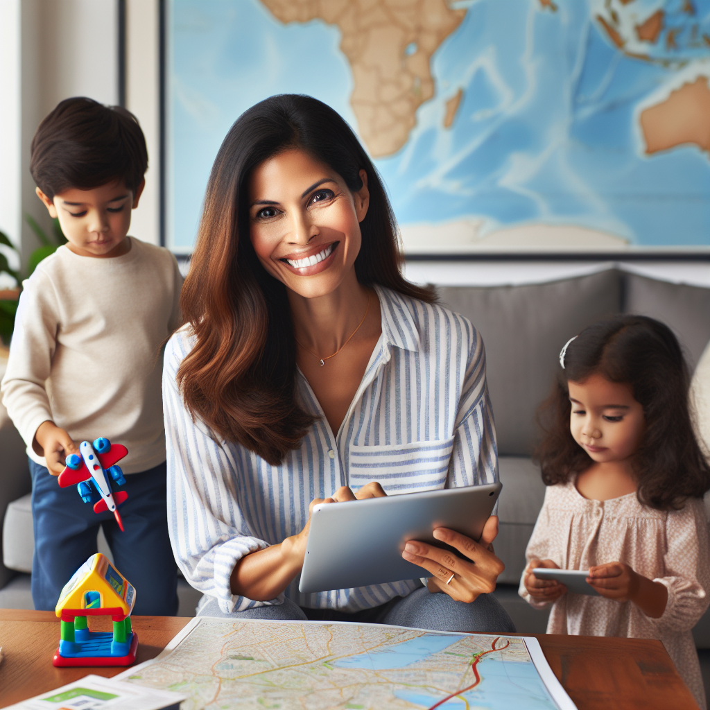 Uma mãe moderna e sorridente, usando um tablet para planejar uma viagem enquanto seus dois filhos brincam ao seu lado com brinquedos educativos. A cena se passa em uma sala de estar bem iluminada e aconchegante, com um mapa grande e colorido ao fundo. A mãe exibe uma expressão de confiança e contentamento, demonstrando que está gerenciando com sucesso a organização da viagem