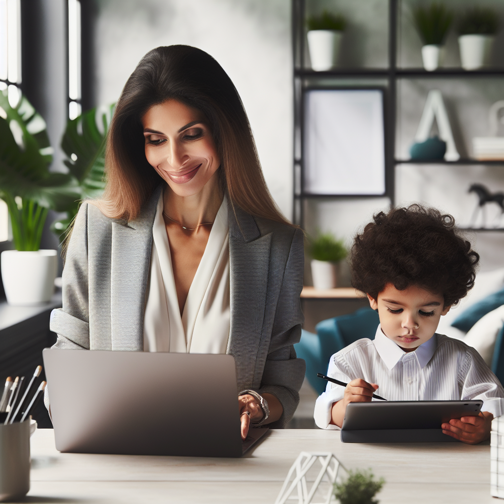 Uma mãe moderna e executiva, em um escritório bem iluminado e organizado, está trabalhando no laptop com um sorriso suave. Ao seu lado, uma criança de cerca de cinco anos está desenhando em um tablet digital. Ambos estão sentados em uma mesa elegante, com elementos de decoração minimalista e plantas que adicionam um toque de verde ao ambiente. A cena transmite uma atmosfera de equil