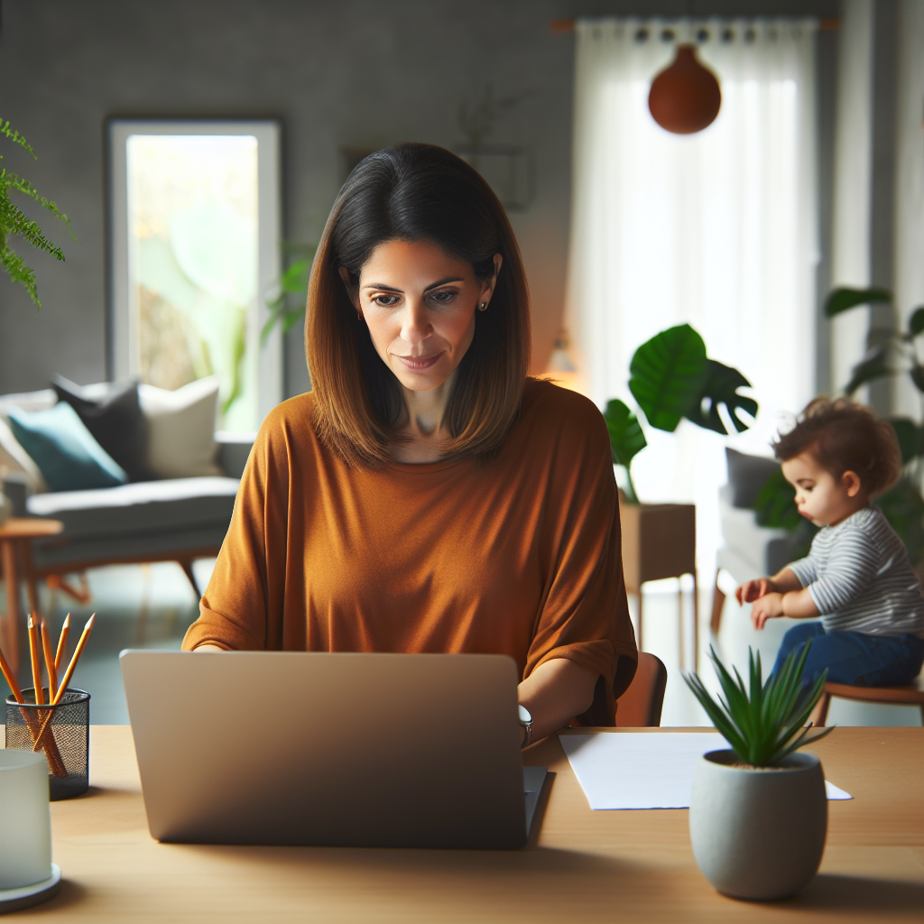 Mulher moderna trabalhando de casa em um escritório bem iluminado, usando um laptop, com uma criança pequena brincando tranquilamente ao seu lado. O ambiente é organizado e acolhedor, com uma decoração contemporânea e plantas, transmitindo uma sensação de equilíbrio e bem-estar. A mãe mostra uma expressão de concentração e satisfação, simbolizando a harmonia entre car