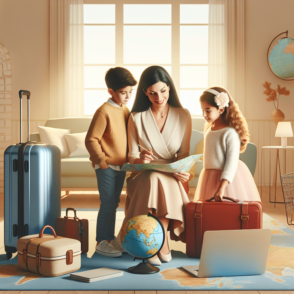 Uma mãe moderna e elegante planejando uma viagem no mapa com seus dois filhos, um menino e uma menina, em uma sala de estar aconchegante e bem iluminada. Eles estão rodeados de malas e acessórios de viagem, com um globo terrestre e um laptop aberto mostrando sites de viagens. A cena transmite um ambiente alegre e acolhedor, com cores suaves