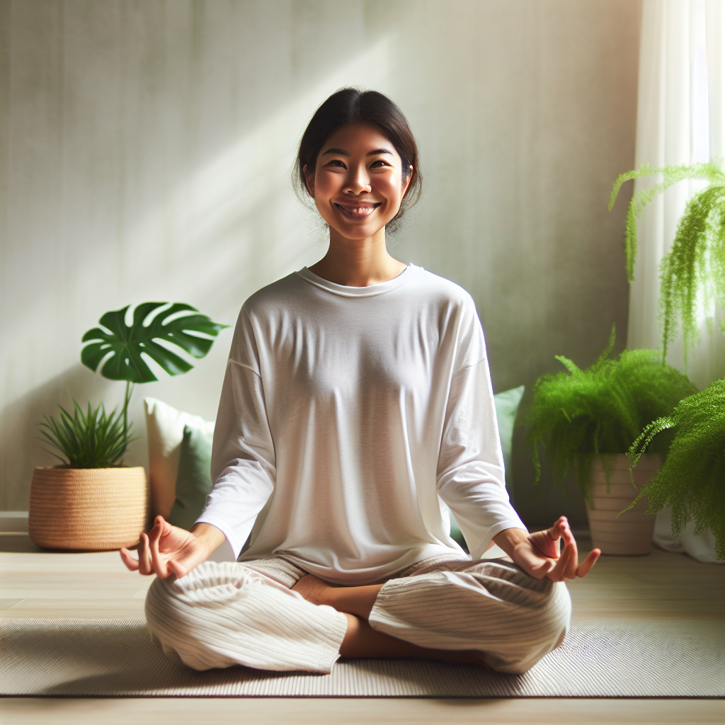 Uma pessoa sorridente de aparência serena, meditando em um ambiente tranquilo e minimalista com decoração suave. Ela está sentada em uma posição de lótus sobre um tapete de yoga, com as mãos em posição de meditação. Ao redor, há plantas verdes que complementam a atmosfera de calma e bem-estar. A iluminação é suave e natural, destacando a expressão