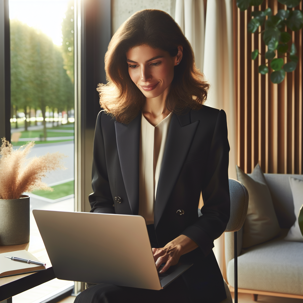 Uma mulher moderna, vestindo um elegante terno preto, está sentada em um escritório contemporâneo e aconchegante, decorado com plantas e elementos de tecnologia. Ela segura um laptop aberto, concentrada em seu trabalho, com um sorriso tranquilo no rosto. Ao fundo, pela janela, é possível ver um parque urbano ensolarado. A cena transmite uma atmosfera de equ