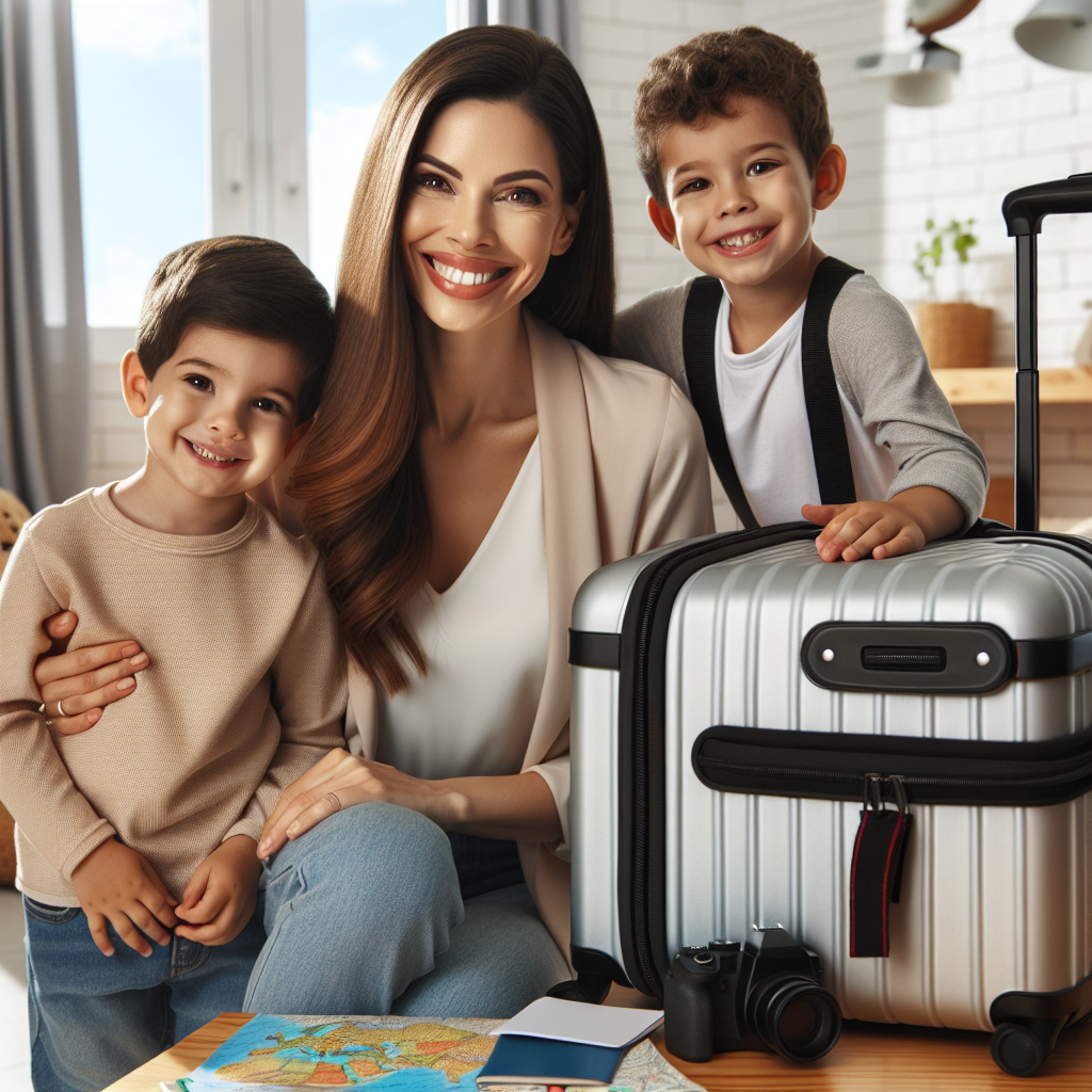 Uma imagem profissional e acolhedora para ilustrar um artigo sobre dicas de viagem em família para mães modernas. A cena ideal mostra uma mãe jovem e feliz, com um sorriso acolhedor, organizando uma mala elegante e prática, ao lado de seus filhos animados e seguros. O ambiente é iluminado, com destaque para itens de viagem, como passaporte, mapa, câ