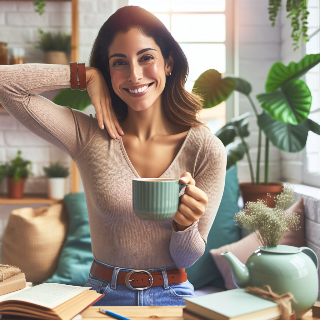 Uma mãe moderna, sorrindo, cuidando de si mesma em um ambiente tranquilo e iluminado. Ela está praticando autocuidado, rodeada de itens que a fazem se sentir bem, como plantas, livros e uma xícara de chá. A expressão facial dela transmite serenidade e autoestima. A imagem transmite a mensagem de que é fundamental se priorizar para ser a melhor versão de si mesma.