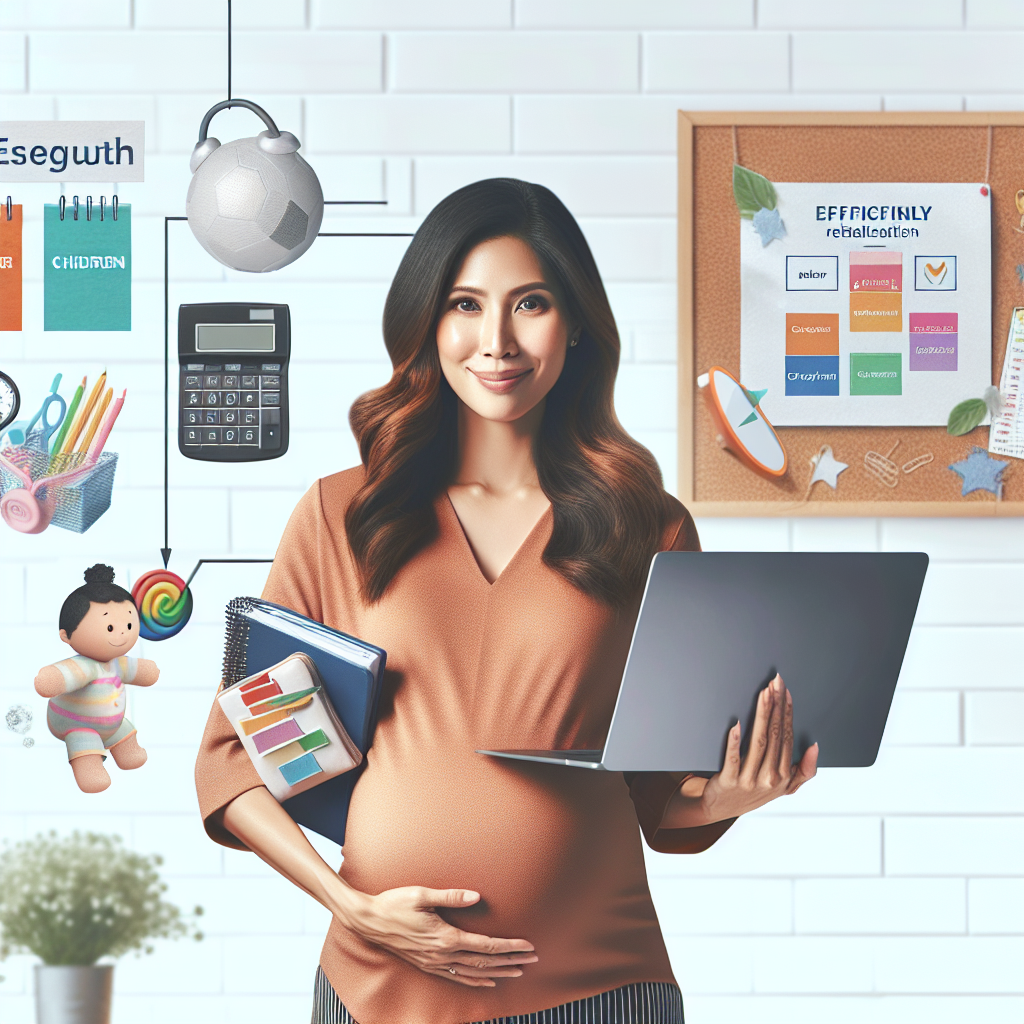 Crie uma imagem de uma mulher grávida, Ana, em um escritório moderno e iluminado, segurando um laptop com uma expressão confiante. Ao redor, elementos que representem equilíbrio entre carreira e maternidade, como uma agenda organizada, brinquedos infantis e um quadro com metas profissionais. A cena transmite serenidade e eficiência na conciliação dessas responsabil