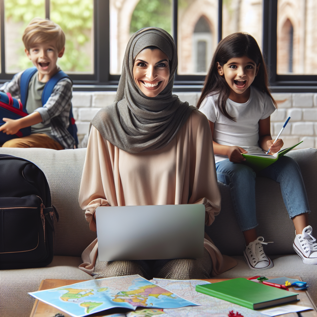 Uma imagem de uma mãe moderna sorridente, sentada em um sofá confortável, com um laptop aberto à sua frente. Ela está rodeada por mapas coloridos, guias de viagem e uma lista de verificação. Ao lado dela, seus filhos estão empolgados, segurando mochilas e brinquedos. Ao fundo, uma janela ampla permite a entrada de luz natural, criando uma atmosfera