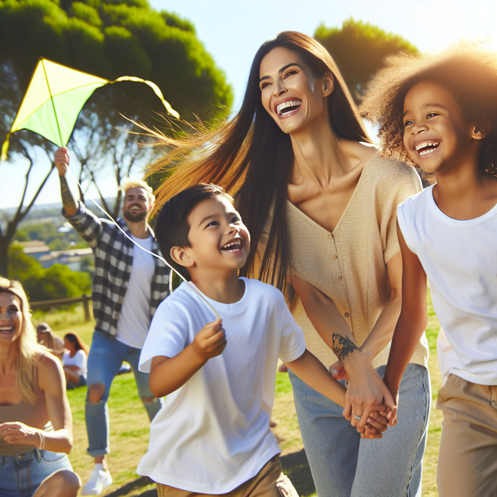 Crie uma imagem de uma mãe moderna sorridente, brincando com seus filhos em um parque ensolarado. Eles estão fazendo uma atividade em família, como soltar pipa ou jogar frisbee. Ao redor, vemos famílias felizes interagindo, árvores verdes e um céu azul claro. A cena transmite alegria, conexão e diversão em família.