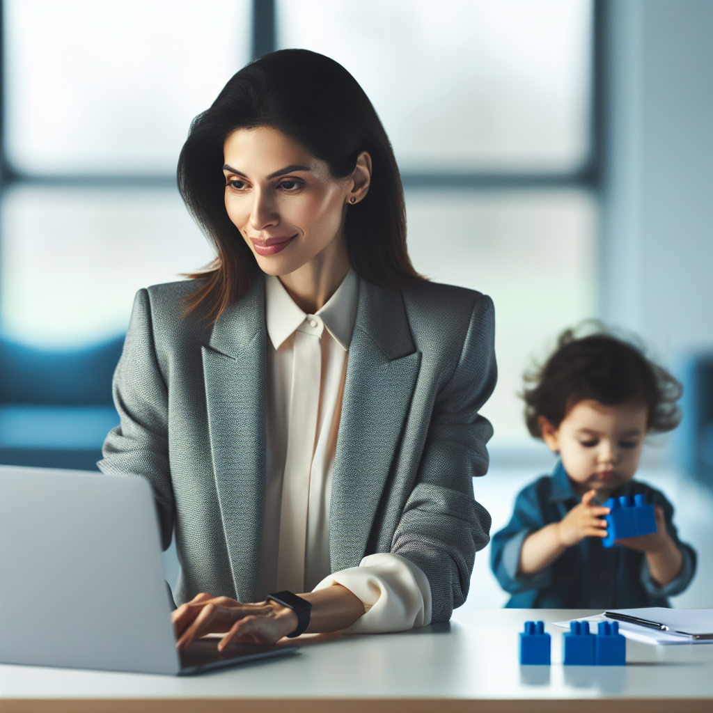 Uma mulher de negócios vestindo um blazer moderno está sentada em uma mesa de escritório, trabalhando em um laptop. Ao seu lado, uma criança pequena brinca tranquilamente com blocos de montar. O ambiente é bem iluminado e organizado, com cores suaves e um fundo claro. A expressão da mulher é de concentração, mas com um leve sorriso, mostrando satisfação em