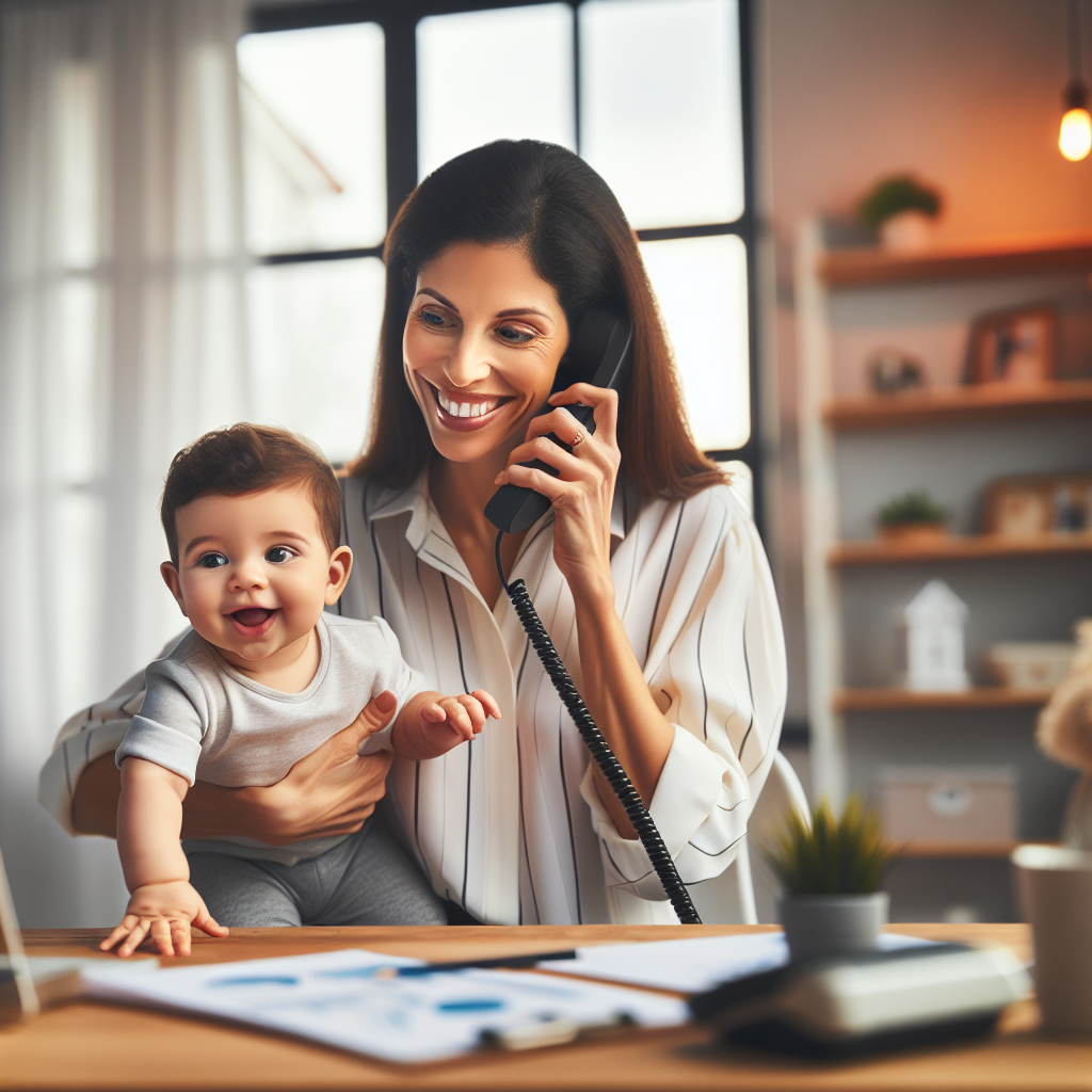 Crie uma imagem de uma mãe moderna trabalhando em um escritório em casa, com um bebê feliz ao seu lado em um ambiente tranquilo e organizado. A mãe está sorrindo enquanto equilibra uma ligação profissional e brinca com seu filho. A cena transmite harmonia e sucesso na conciliação entre carreira e maternidade.