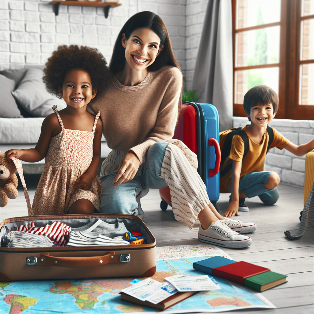 Crie uma imagem de uma mãe moderna sorridente, organizando malas de viagem ao lado de seus filhos felizes, com brinquedos e livros espalhados ao redor. O cenário inclui um mapa colorido, bilhetes de avião e uma mala aberta com roupas bem dobradas. O ambiente é iluminado, transmitindo a sensação de preparação e alegria para a viagem em fam