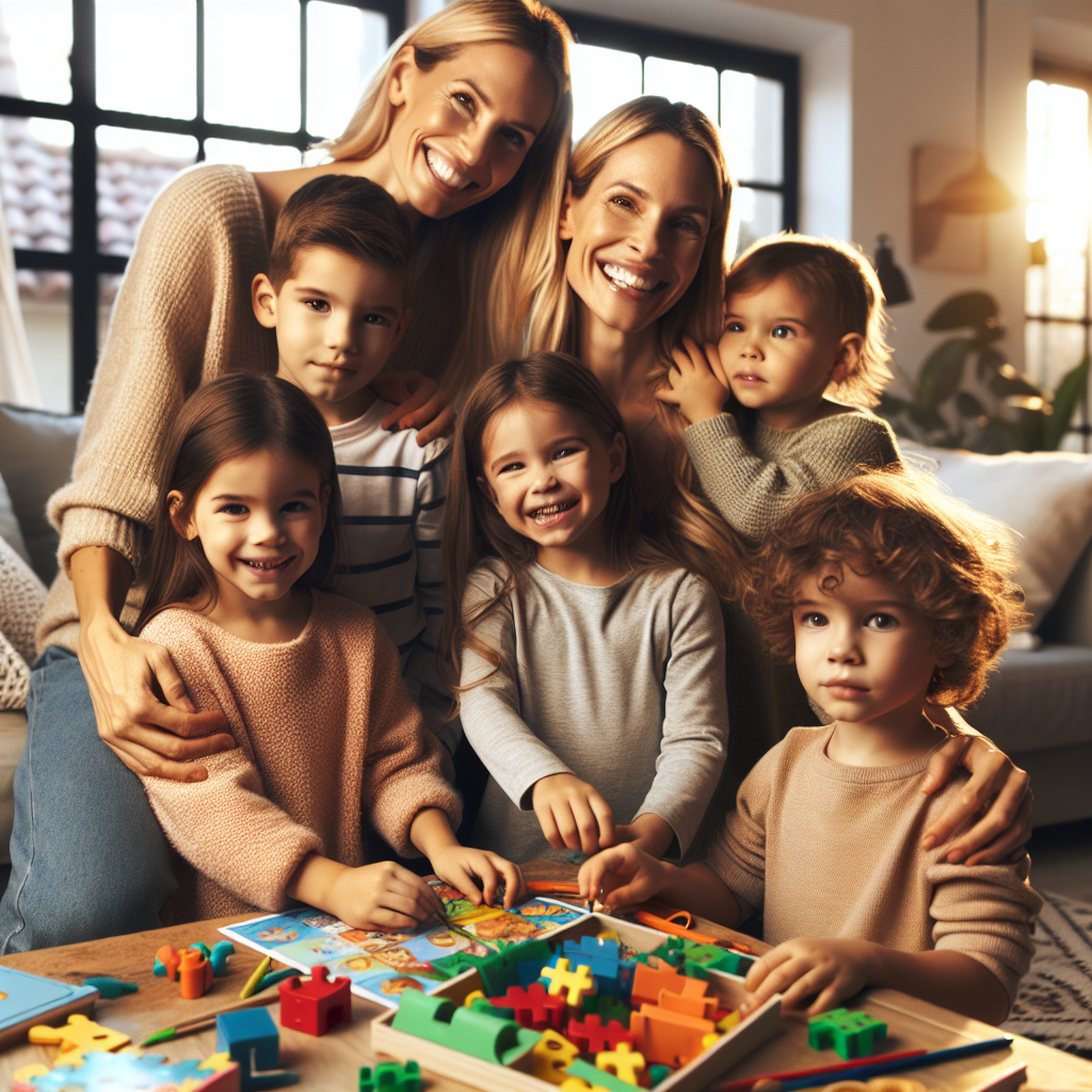 Uma mãe moderna e seus filhos estão reunidos em uma sala aconchegante, cheia de brinquedos educativos e livros coloridos. Eles estão sorrindo, engajados em uma atividade em família, como montar um quebra-cabeça ou pintar juntos. A luz natural entra pela janela, iluminando o ambiente e destacando a felicidade e a conexão entre todos. O clima é