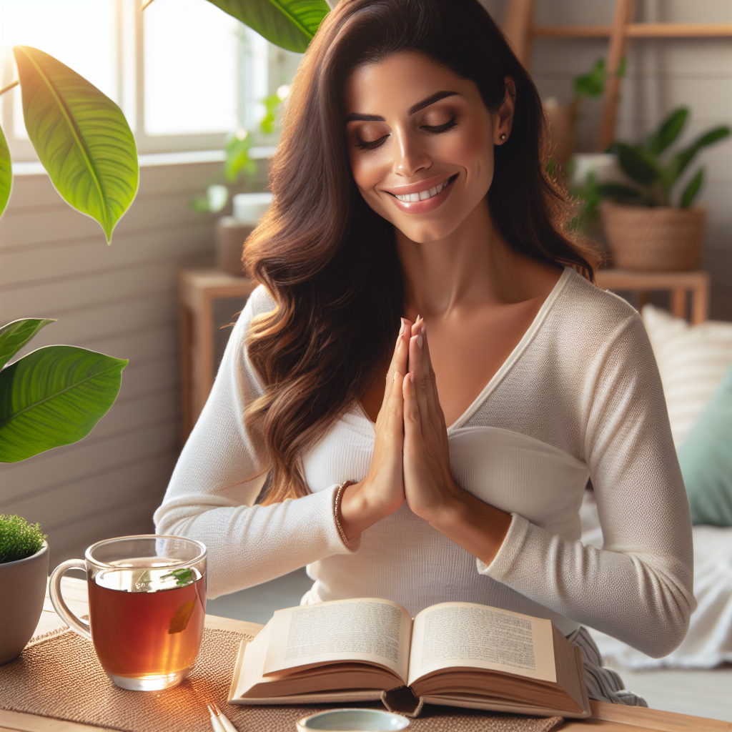 Crie uma imagem de uma mãe moderna sentada em um ambiente tranquilo e aconchegante, com uma xícara de chá ao lado, folhas verdes de plantas ao redor e um livro de autoajuda aberto em suas mãos. Ela está sorrindo, com uma expressão serena e relaxada, transmitindo paz e equilíbrio. O cenário deve ser calmo e acolhedor, com tons