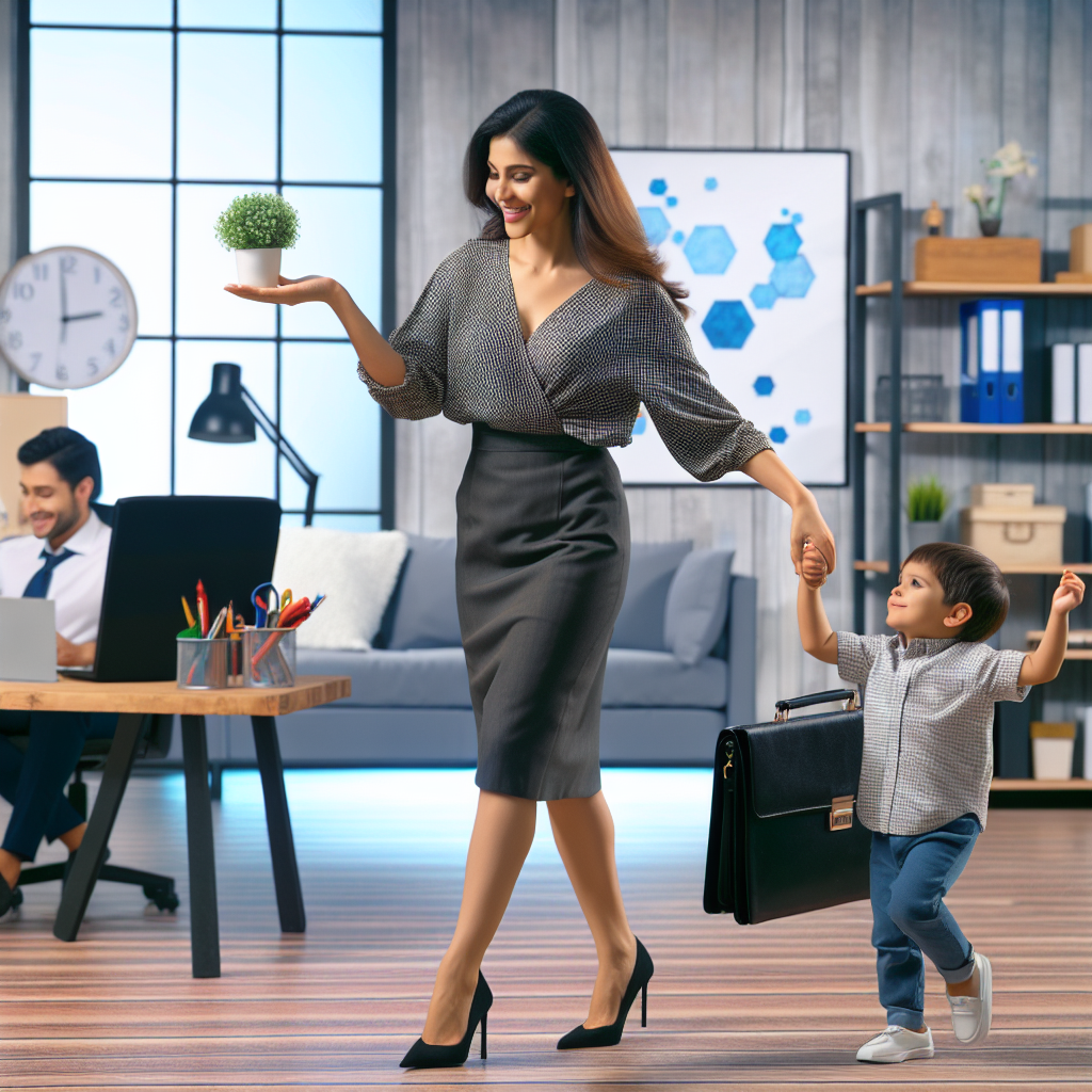 Crie uma imagem que represente uma mãe moderna equilibrando uma maleta de trabalho em uma mão e segurando a mão do filho com a outra, enquanto sorri para ele. Ao fundo, um escritório organizado e uma sala de estar aconchegante. A cena transmite a ideia de equilíbrio entre carreira e maternidade.