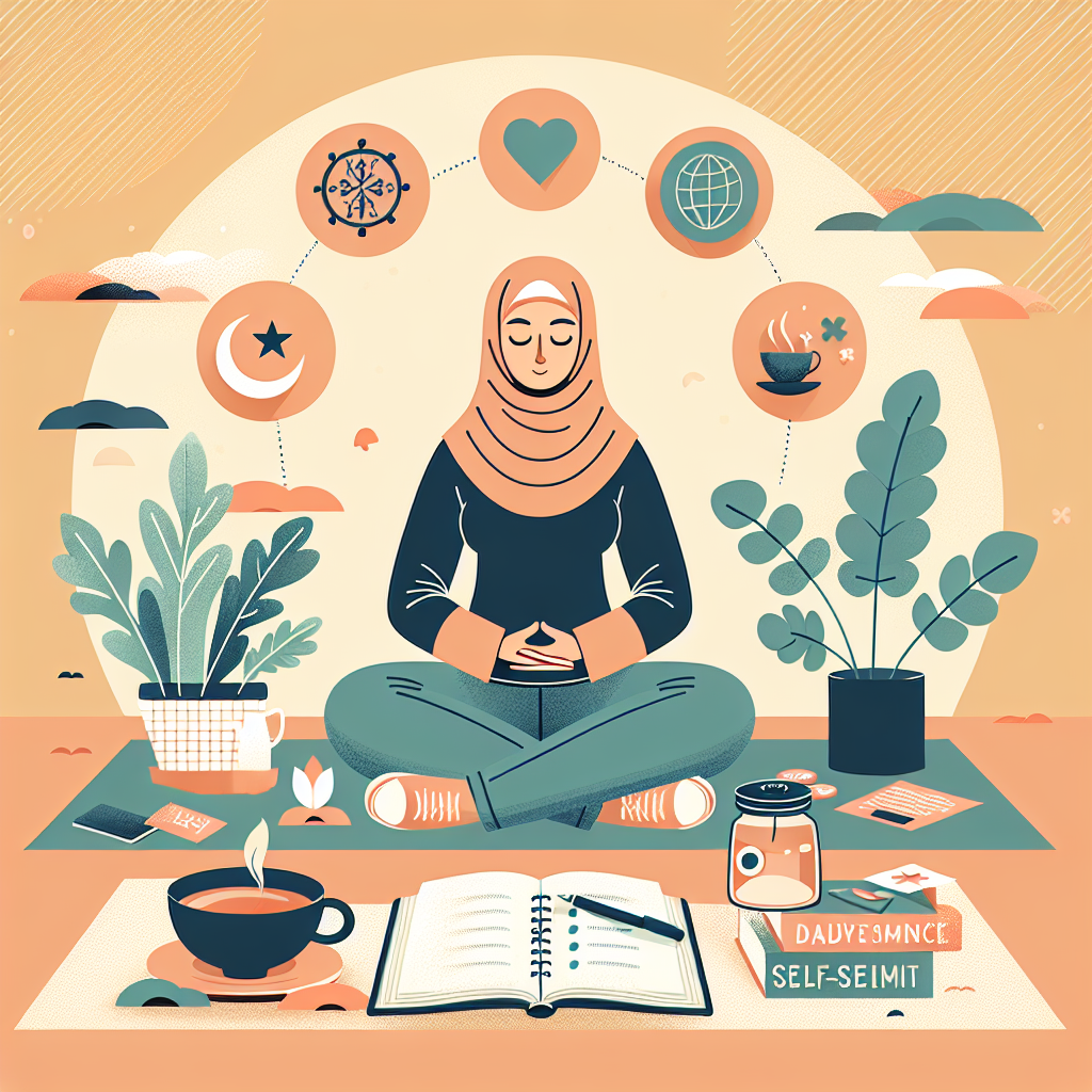 Crie uma imagem de uma mãe moderna relaxando em um ambiente tranquilo, com luz natural abundante. Ela está praticando autocuidado, como meditação ou lendo um livro. Ao redor, elementos que remetam ao equilíbrio entre suas necessidades e as demandas diárias, como plantas, uma xícara de chá e um bloco de notas com dicas de autoestima.