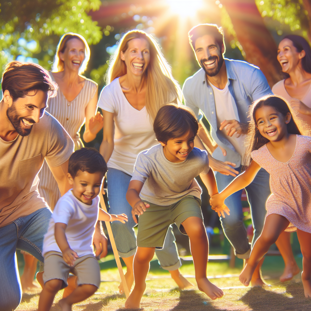 **Prompt para DALL-E:**

- Família reunida em um parque ensolarado, fazendo atividades divertidas juntos.
- Pais e filhos brincando de pega-pega e sorrisos no rosto.
- Cenário com muita luz natural e cores vibrantes.
- Todos interagindo de forma alegre e estimulante.
- Ambiente acolhedor e cheio de energia positiva.