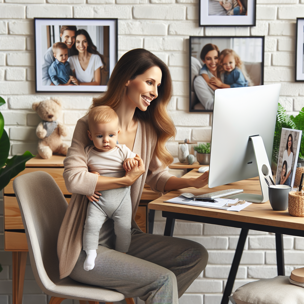 Crie uma imagem de uma mãe moderna em um escritório em casa, com um bebê no colo enquanto trabalha no computador. Ao redor, vemos fotos da família, plantas e uma xícara de café. A mãe está sorrindo, transmitindo equilíbrio entre carreira e maternidade.