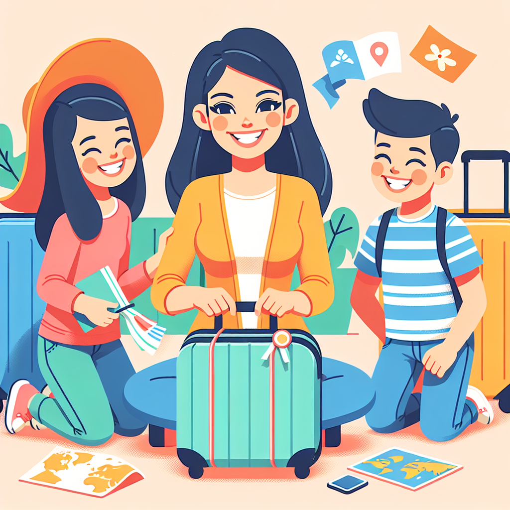 Crie uma imagem onde uma mãe moderna e suas crianças estão sorrindo enquanto organizam as malas para uma viagem. A cena deve transmitir leveza, organização e alegria, com cores vibrantes e elementos relacionados a viagens, como mapas e malas. A imagem deve inspirar confiança e mostrar a conexão e felicidade da família em embarcar nessa aventura juntos.
