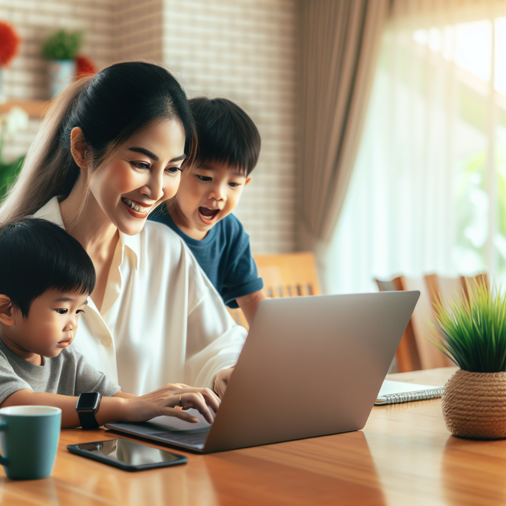 Crie uma imagem de uma mãe moderna trabalhando em um escritório em casa, com um laptop aberto à sua frente, enquanto ao lado brinca com seus filhos pequenos. O ambiente é iluminado, transmitindo tranquilidade e equilíbrio entre a vida profissional e familiar.