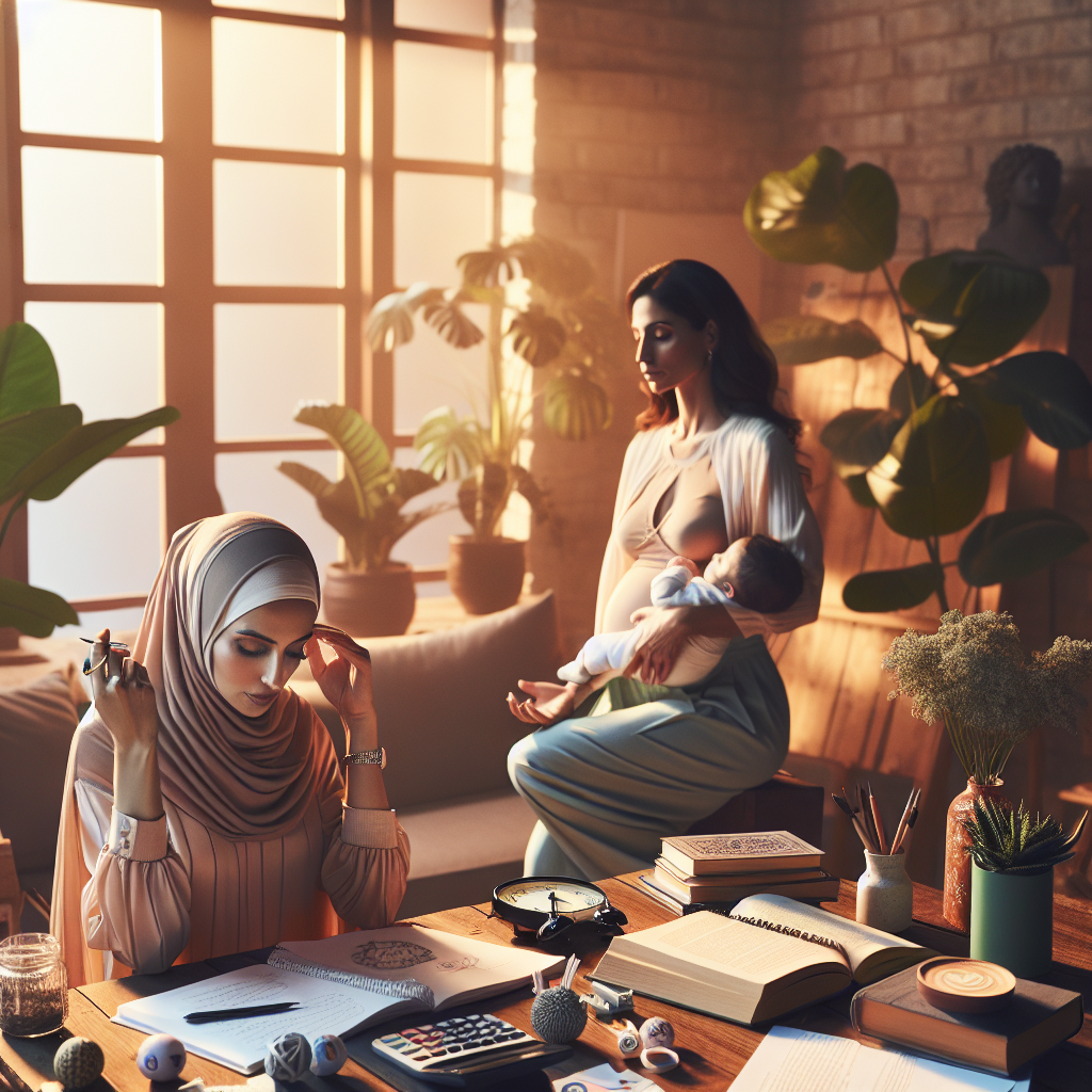 Crie uma imagem que represente uma mãe moderna e atual, equilibrando carreira, vida pessoal e maternidade. Ela está refletindo sobre sua identidade e papel na sociedade, rodeada de livros, plantas e símbolos de empoderamento feminino. Uma cena que transmita força, autoconfiança e diversidade de escolhas maternas. A luz natural destaca a serenidade e determinação da