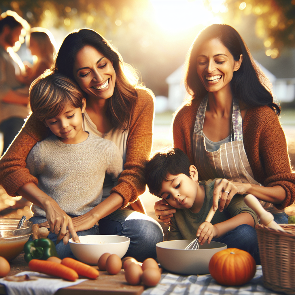 Crie uma imagem que represente uma mãe moderna e seus filhos desfrutando de um momento especial juntos, envolvidos em uma atividade em família. Eles podem estar brincando, cozinhando, fazendo uma caminhada no parque ou qualquer outra atividade que promova a conexão e união entre eles. A cena deve transmitir alegria, amor e cumplicidade, destacando a importância de dedicar