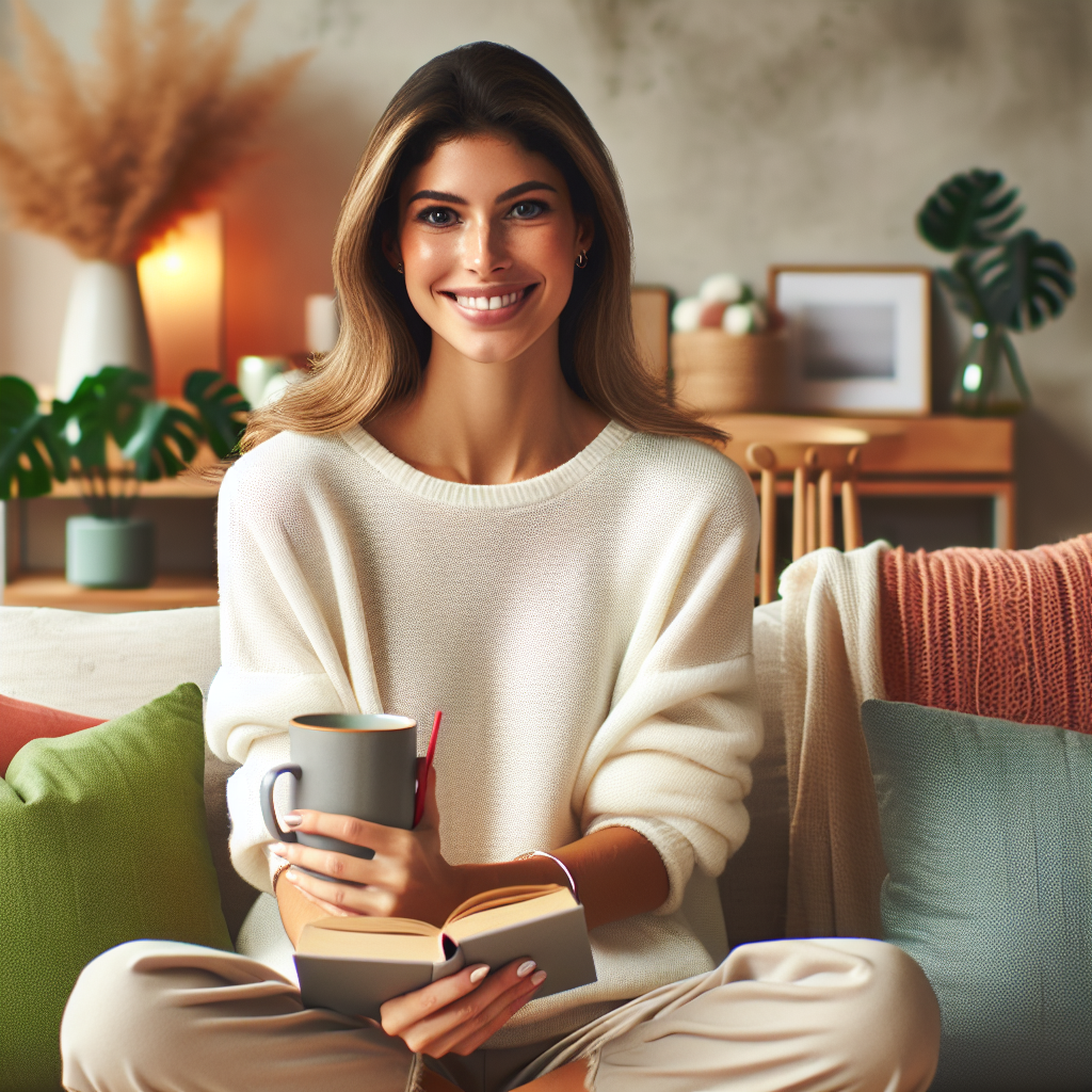 Uma mulher moderna e sorridente, vestindo roupas confortáveis e estilosas, está sentada em uma sala de estar bem iluminada e acolhedora. Ela segura uma xícara de café e um livro sobre autoestima e autocuidado. Ao seu redor, elementos decorativos suaves e modernos, como plantas verdes e almofadas coloridas, complementam o ambiente. A cena transmite uma sensação