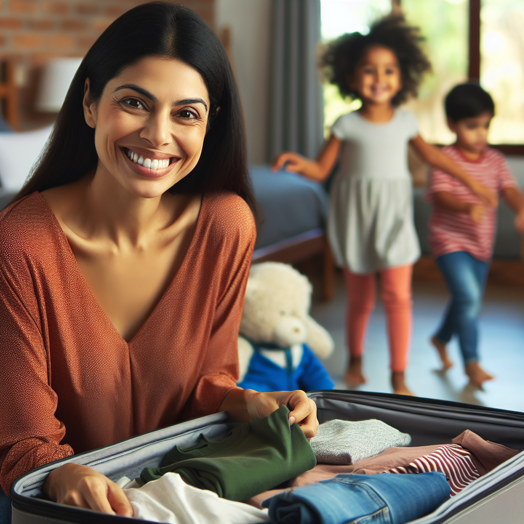 Crie uma imagem de uma mãe moderna sorridente, com uma mala de viagem aberta ao lado, organizando roupas e itens para a viagem de sua família. Ao fundo, crianças brincando felizes. O cenário transmite leveza, organização e alegria pré-viagem.