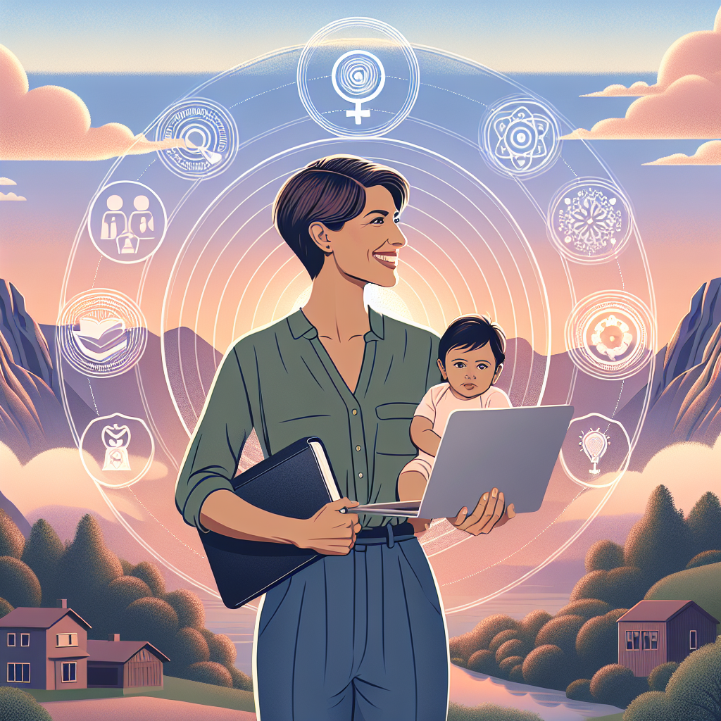 Crie uma imagem de uma mãe moderna e realizada, equilibrando a maternidade e suas metas pessoais e profissionais. Ela está sorrindo, rodeada por símbolos de autoconhecimento e empoderamento. Ao fundo, uma paisagem tranquila que transmite serenidade e equilíbrio.