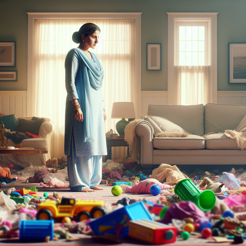 Crie uma imagem realista com luz natural suave e um toque cinematográfico. A cena deve mostrar uma mãe olhando para a bagunça de brinquedos espalhados pela casa, com um olhar de reflexão e vulnerabilidade. Priorize tons pastéis, terrosos e quentes. Evite sorrisos falsos, texto, palavras, letras e marcas d'água.