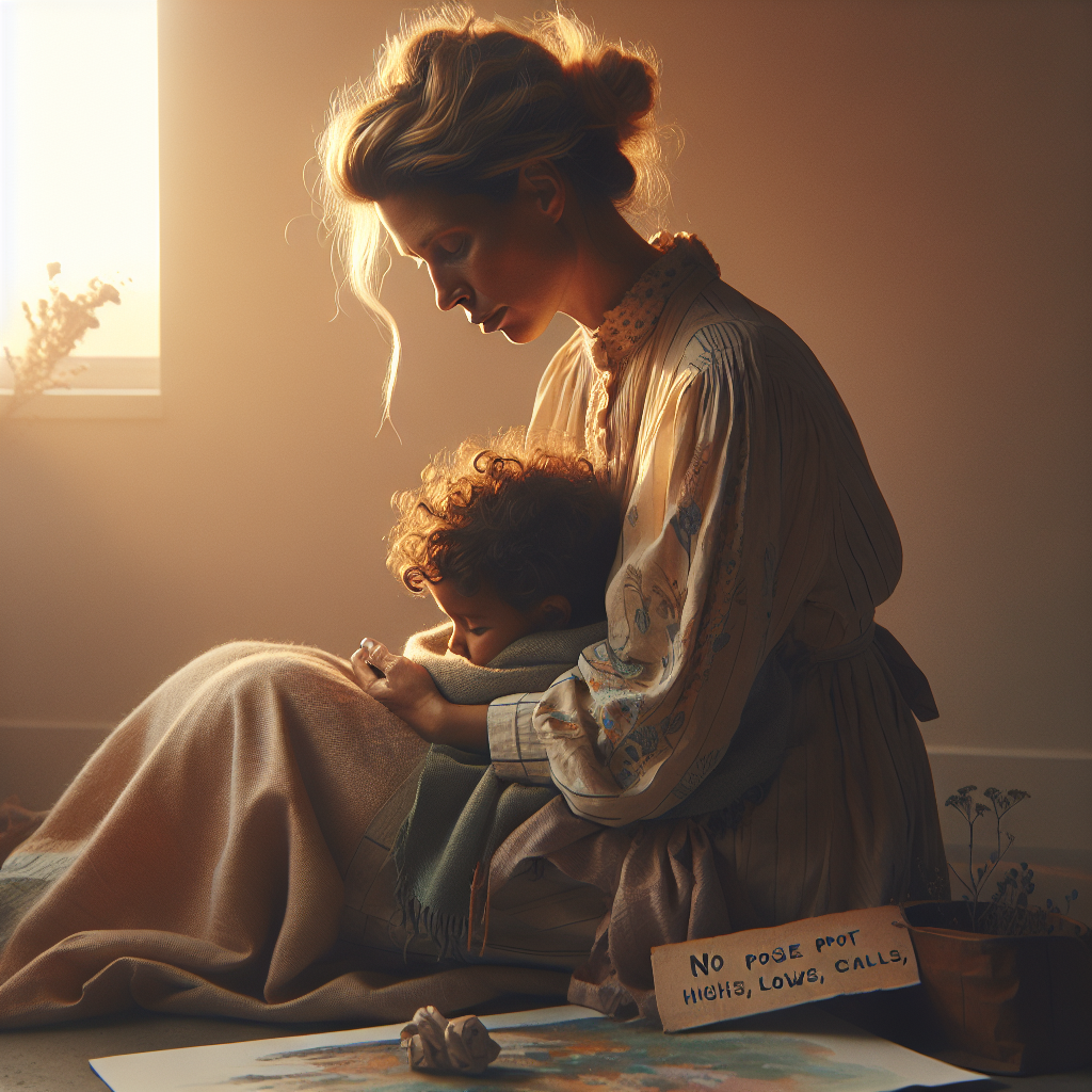 Gerar uma imagem para o blog 'Mãe Moderna e Atual' sobre a maternidade ser um turbilhão de emoções, com altos e baixos, desafios e momentos de encantamento. Estilo: Foto realista com luz natural suave e toque cinematográfico. Cena: Momento real e não posado, sem sorrisos falsos. Emoção: Transmitir calma, reflexão, vulnerabilidade ou superação. Cores: Priorizar tons pastéis, terrosos e quentes. Elementos a evitar: Sem texto, palavras, letras ou marcas d'água.