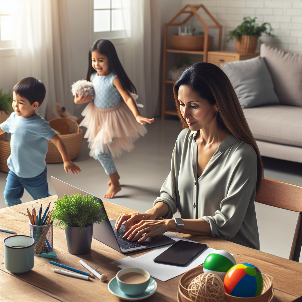 Crie uma imagem de uma mãe moderna trabalhando em casa, com um laptop aberto em sua mesa enquanto seus filhos brincam ao redor. A cena transmite calma, organização e equilíbrio entre a vida profissional e familiar. A luz natural destaca a harmonia desse momento de conciliação entre carreira e maternidade.