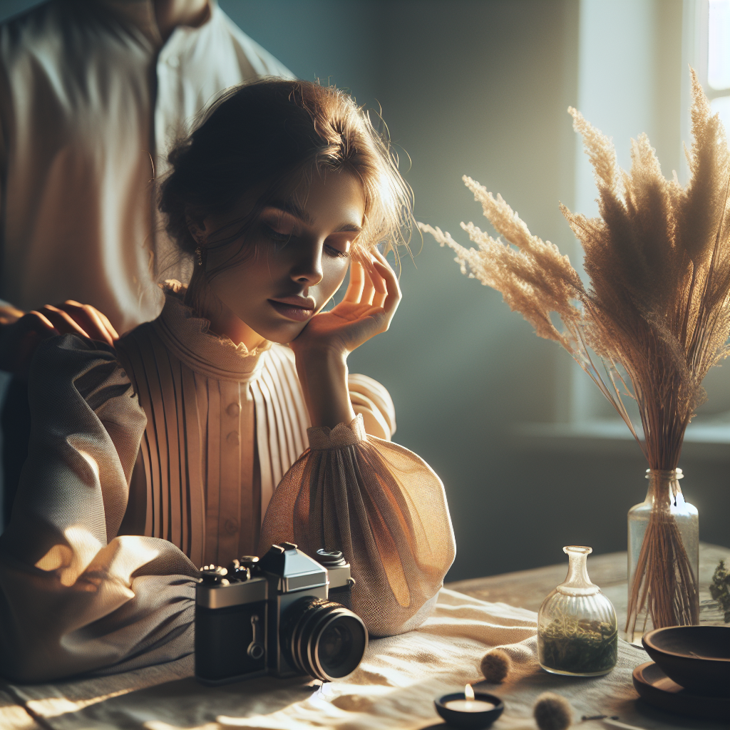 Crie uma imagem com estilo realista, utilizando luz natural suave e um toque cinematográfico. A cena deve representar um momento autêntico, sem poses forçadas, transmitindo calma e reflexão. Priorize cores pastéis, terrosas e quentes.