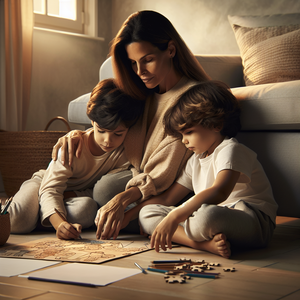 **Estilo:** Foto realista com luz natural suave, um toque cinematográfico.

**Cena:** Uma mãe sentada no chão da sala, abraçando seus filhos com ternura. Eles estão envolvidos em uma atividade simples, como desenhar juntos ou montar um quebra-cabeça, criando um momento espontâneo e genuíno.

**Emoção:** Transmitir calma e reflexão. A mãe exibe uma expressão serena e os filhos estão concentrados na atividade, demonstrando conexão e cumplicidade.

**Cores:** Priorizar tons pastéis, terrosos e quentes para criar uma atmos