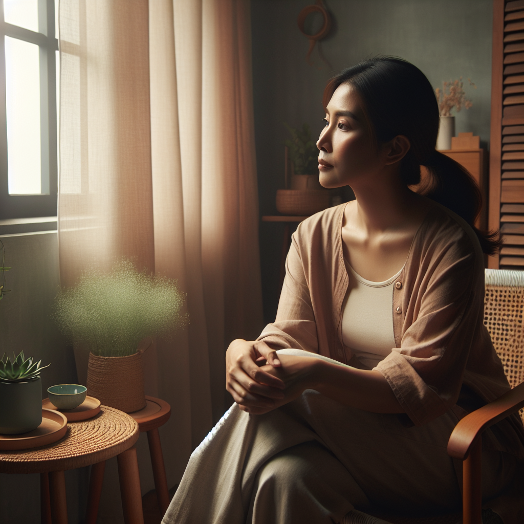 Crie uma imagem para o blog 'Mãe Moderna e Atual' sobre 'Liberte-se do Tabu e Priorize seu Bem-Estar':

1. **Estilo:** Foto realista com luz natural suave, um toque cinematográfico.
2. **Cena:** Uma mãe sentada em um cantinho aconchegante da casa, olhando pela janela com expressão serena e pensativa.
3. **Emoção:** Transmita calma e reflexão, mostrando a mãe em um momento de introspecção e autocuidado.
4. **Cores:** Priorize tons pastéis, terrosos e quentes para criar uma atmosfera acol