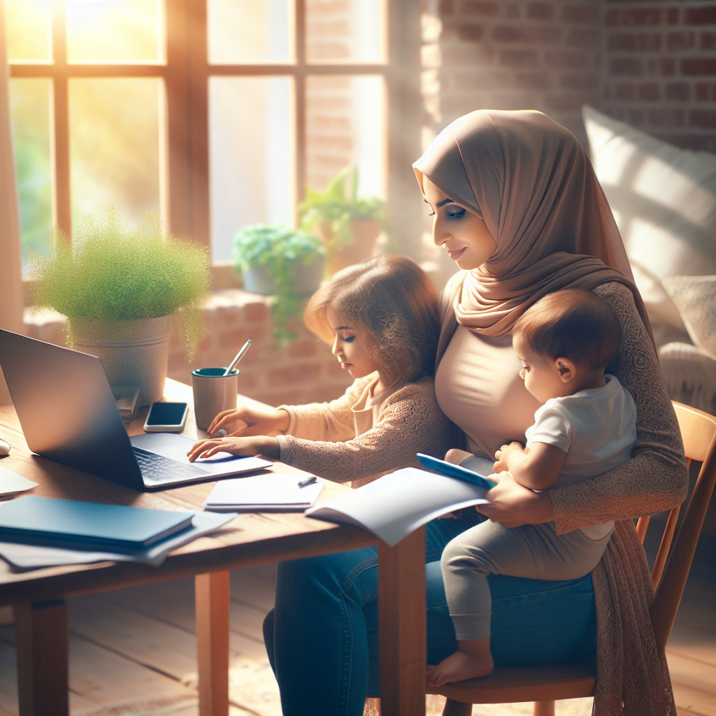 Crie uma imagem de uma mãe moderna trabalhando em casa, com um laptop aberto em sua mesa. Ao mesmo tempo, ela está interagindo com seus filhos de forma amorosa e atenciosa. O ambiente é aconchegante, com muita luz natural entrando pela janela, transmitindo calma e equilíbrio entre suas responsabilidades profissionais e maternais.