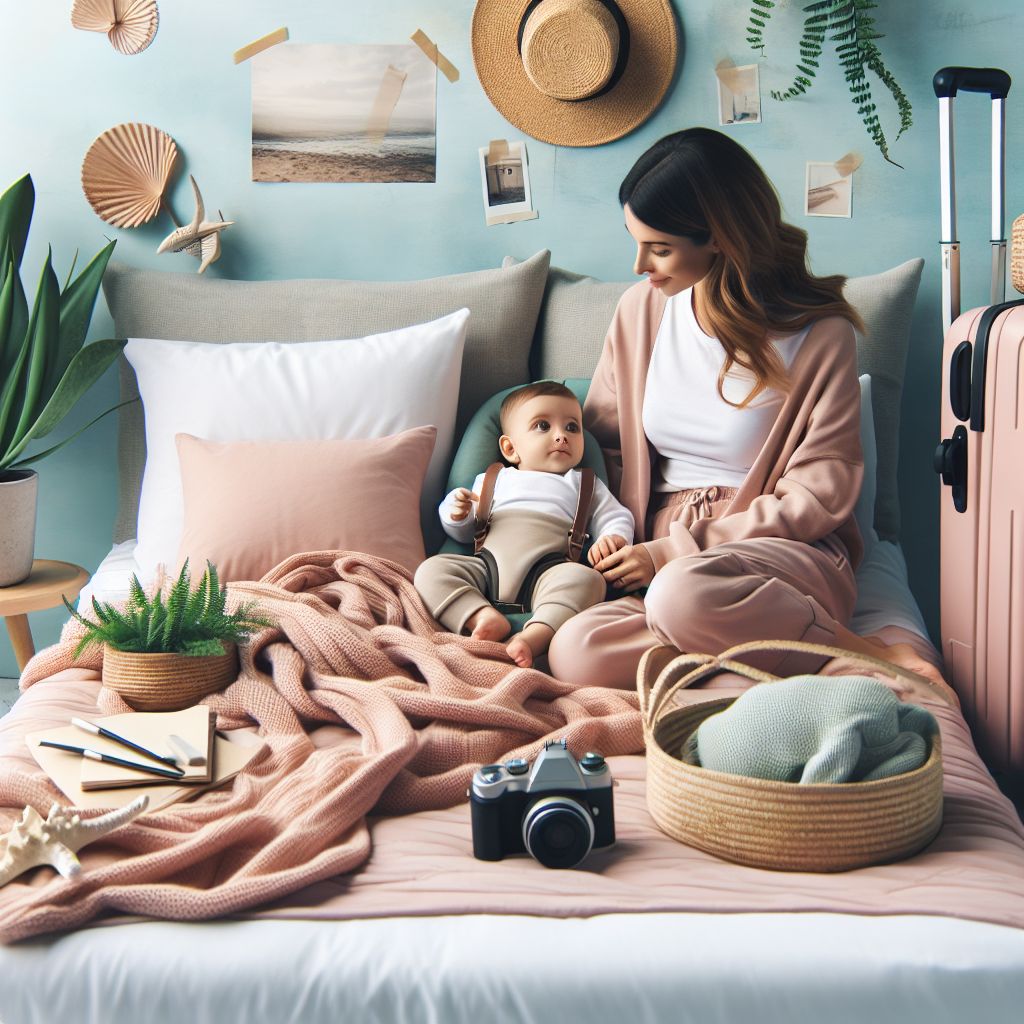 Crie uma imagem para o blog 'Mãe Moderna e Atual' sobre viajar com crianças, mostrando um momento real e não posado, transmitindo calma e reflexão, com estilo realista, luz natural suave e um toque cinematográfico. Priorize tons pastéis, terrosos e quentes, evitando texto, palavras, letras e marcas d'água.