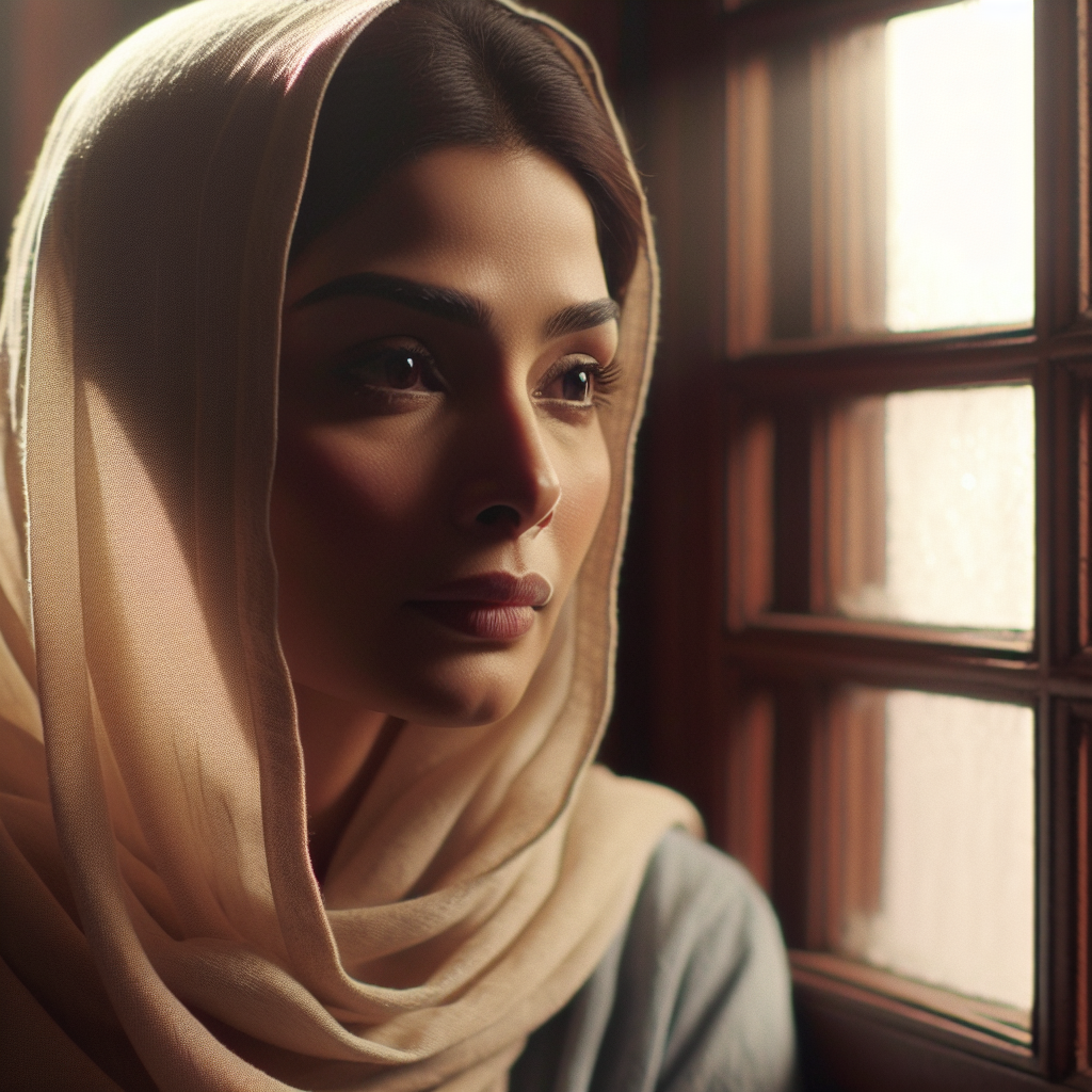 **Estilo:** Foto realista com luz natural suave, um toque cinematográfico.
**Cena:** Uma mãe moderna olhando pela janela, com um olhar pensativo e leve brilho de esperança nos olhos.
**Emoção:** Transmitir calma e reflexão, mostrando a dualidade da maternidade: desafios e força interior.
**Cores:** Priorize tons pastéis, terrosos e quentes para criar uma atmosfera acolhedora e reconfortante.
**Elementos a evitar:** SEM texto, SEM palavras, SEM letras, SEM marcas d'água.